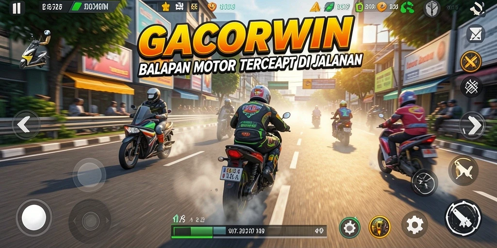 Screenshot gameplay GACORWIN menunjukkan aksi balapan motor yang mendebarkan.