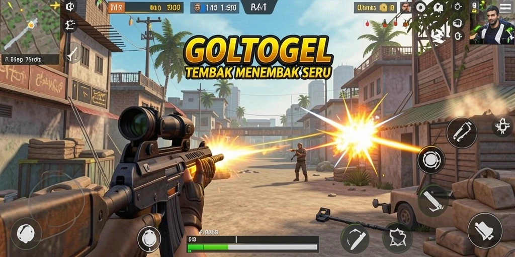 Tangkapan layar utama GOLTOGEL menampilkan aksi tembak-tembakan yang intens.