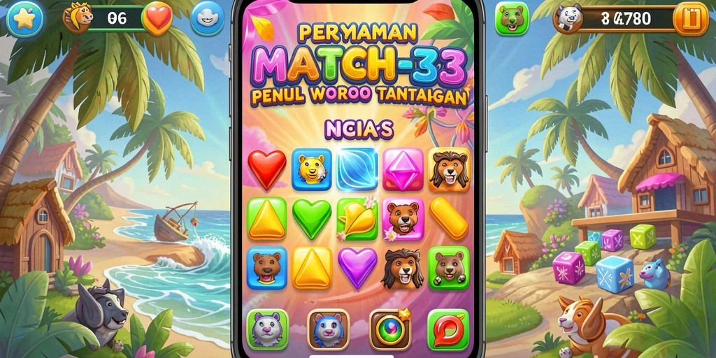 Screenshot gameplay MENYALA78 dengan elemen Match-3 yang berwarna-warni.