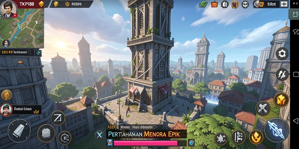 Screenshot gameplay TKP188 menampilkan serangan menara pertahanan.